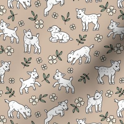 Adorable baby goats - sweet farm animals flowers leaves and goat design spring summer neutral vintage beige tan green white 