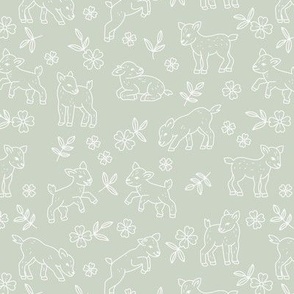 Minimalist boho style baby goats - sweet springtime farm animals and flowers white on soft sage green  