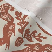 Hand Drawn Forest Squirrel, Acorn, Oak Leaves and Mushroom Damask in Terracotta and Off-White (Large)