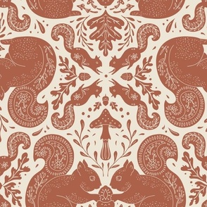 Hand Drawn Forest Squirrel, Acorn, Oak Leaves and Mushroom Damask in Terracotta and Off-White (Large)