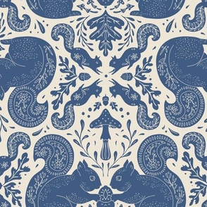 Hand Drawn Forest Squirrel, Acorn, Oak Leaves and Mushroom Damask in Cobalt Blue and Off-White (Large)