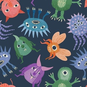 The cuties (dark) - Monster mash design with lots of cute creatures in a watercolor style.