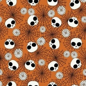 SMALL Skull Floral Spiderweb fabric - girls halloween daisy print spooky fabric 6in