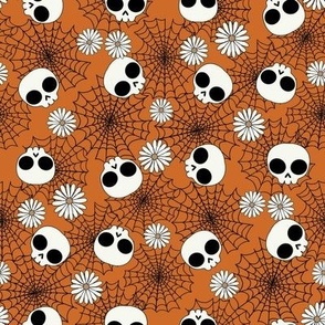 MEDIUM Skull Floral Spiderweb fabric - girls halloween daisy print spooky fabric 8in
