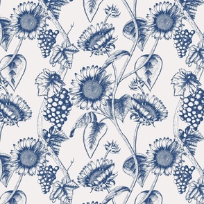 Toile de jouy grapevines and sunflowers French blue - small scale