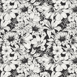 Hand-drawn allover garden flowers black and white - large scale