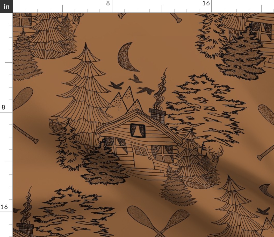 Cozy Cabin Tucked in the Woods Toile ( Santa Fe Brown large scale)