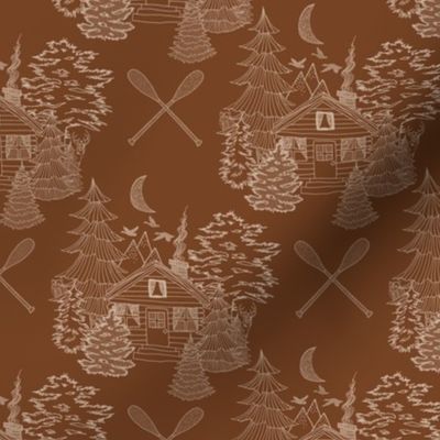 Cozy Cabin Tucked in the Woods Toile (Sand on Saddle Brown small scale)