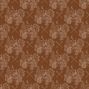 Cozy Cabin Tucked in the Woods Toile (Sand on Saddle Brown small scale)