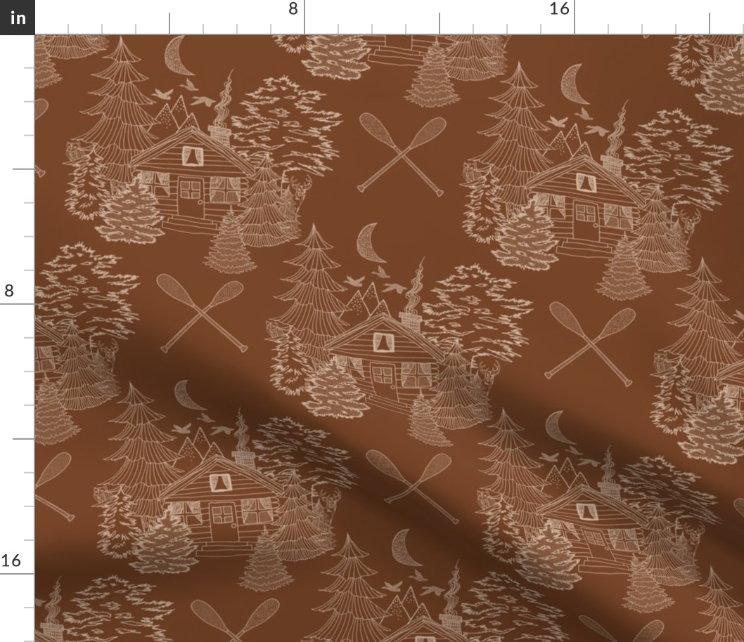 Cozy Cabin Tucked in the Woods Toile (Sand on Saddle Brown)