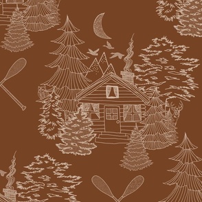 Cozy Cabin Tucked in the Woods Toile (Sand on Saddle Brown large scale)