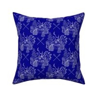 Cozy Cabin Tucked in the Woods Toile (Cobalt Blue small scale)