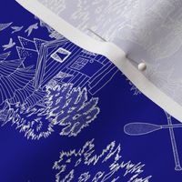 Cozy Cabin Tucked in the Woods Toile (Cobalt Blue small scale)