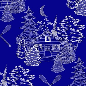 Cozy Cabin Tucked in the Woods Toile (Cobalt Blue large scale)