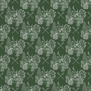 Cozy Cabin Tucked in the Woods Toile (Pine Green small scale)