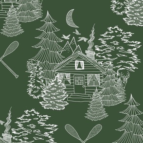 Cozy Cabin Tucked in the Woods Toile (Pine Green large scale)