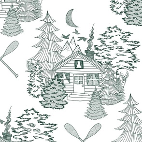 Cozy Cabin Tucked in the Woods Toile (Dark Green on White large scale)