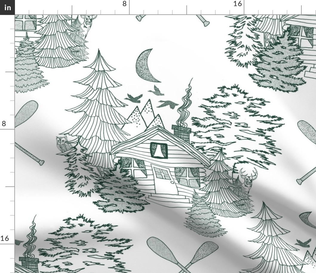 Cozy Cabin Tucked in the Woods Toile (Dark Green on White large scale)
