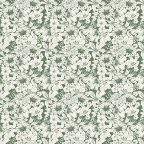 Hand-drawn allover gardenflowers green and off white - medium scale