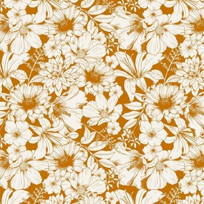Hand-drawn allover gardenflowers saffron yellow and off white -  large scale