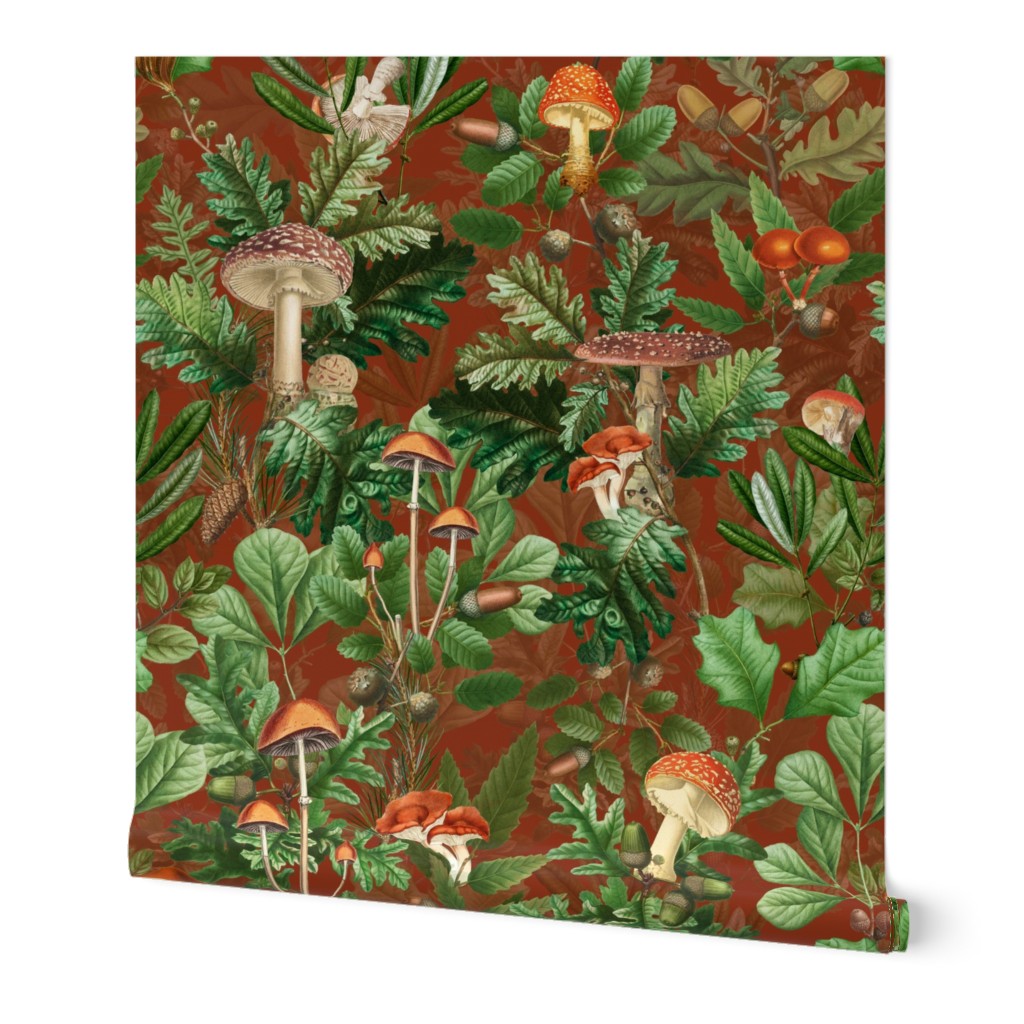 nostalgic toxic mushrooms in the forest on dark moody florals -vintage fall home decor,  antique wallpaper fabric- Psychadelic Mushroom Wallpaper- sepia brown