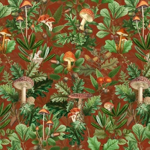 nostalgic toxic mushrooms in the forest on dark moody florals -vintage fall home decor,  antique wallpaper fabric- Psychadelic Mushroom Wallpaper- sepia brown