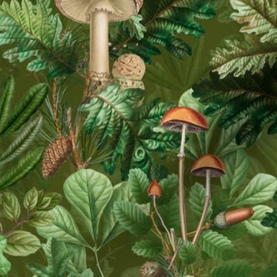 nostalgic toxic mushrooms in the forest on dark moody florals -vintage fall home decor,  antique wallpaper fabric- Psychadelic Mushroom Wallpaper- green sepia