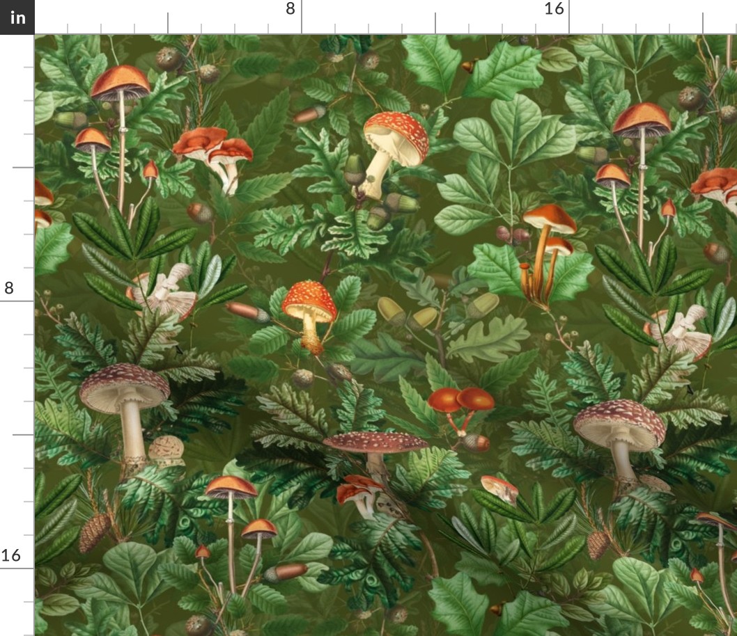 nostalgic toxic mushrooms in the forest on dark moody florals -vintage fall home decor,  antique wallpaper fabric- Psychadelic Mushroom Wallpaper- green sepia