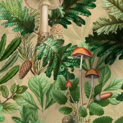 nostalgic toxic mushrooms in the forest on dark moody florals -vintage fall home decor,  antique wallpaper fabric- Psychadelic Mushroom Wallpaper- sand beige