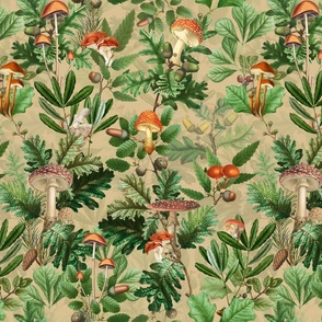 nostalgic toxic mushrooms in the forest on dark moody florals -vintage fall home decor,  antique wallpaper fabric- Psychadelic Mushroom Wallpaper- sand beige