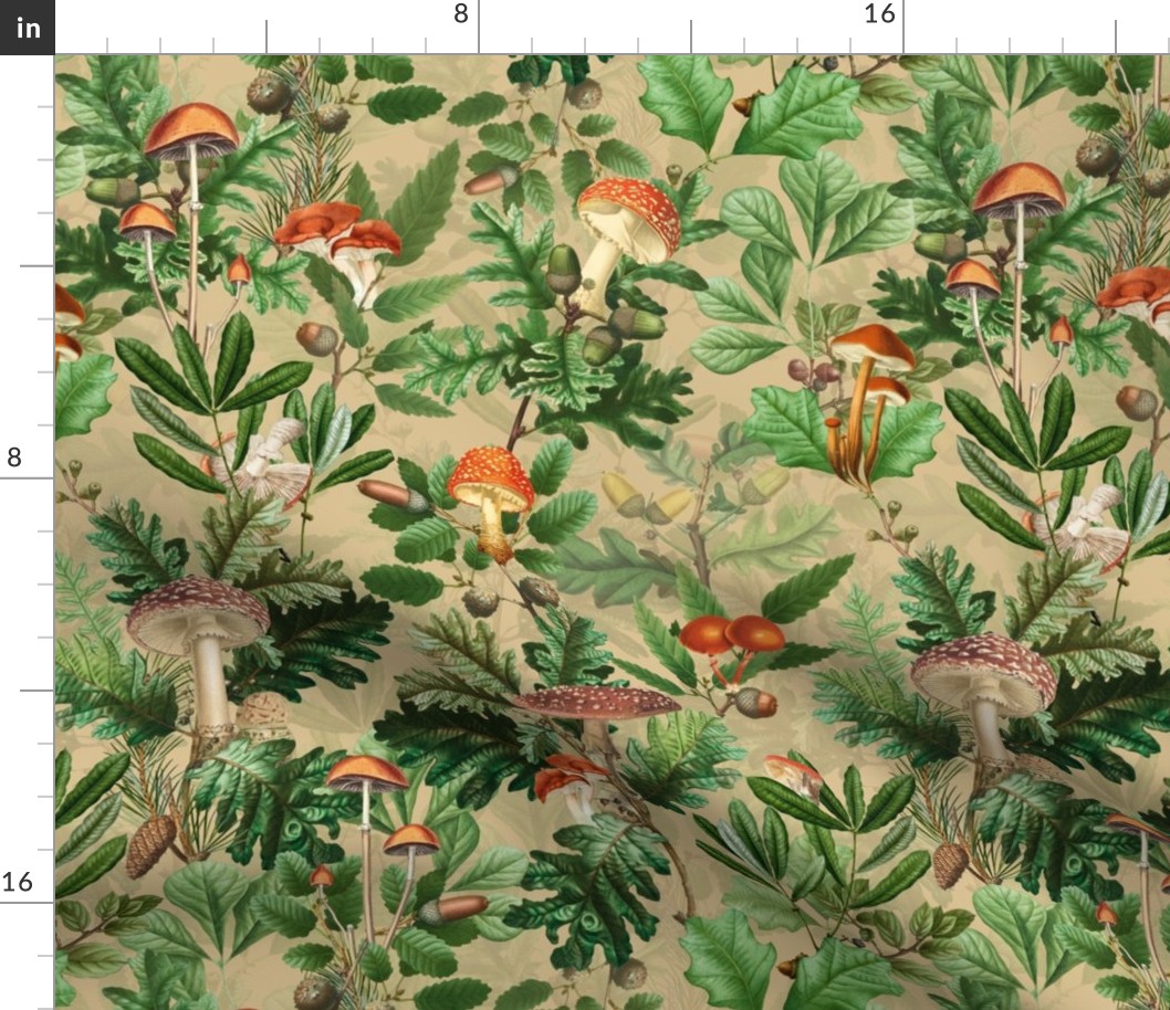 nostalgic toxic mushrooms in the forest on dark moody florals -vintage fall home decor,  antique wallpaper fabric- Psychadelic Mushroom Wallpaper- sand beige