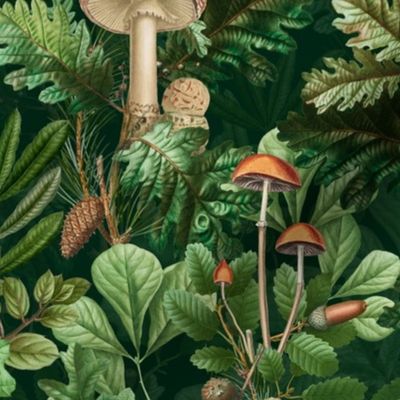 nostalgic toxic mushrooms in the forest on dark moody florals -vintage fall home decor,  antique wallpaper fabric- Psychadelic Mushroom Wallpaper- dark green