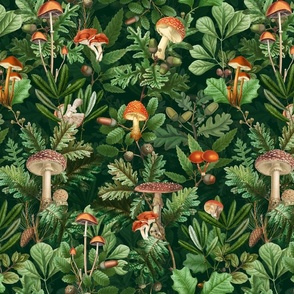 nostalgic toxic mushrooms in the forest on dark moody florals -vintage fall home decor,  antique wallpaper fabric- Psychadelic Mushroom Wallpaper- dark green