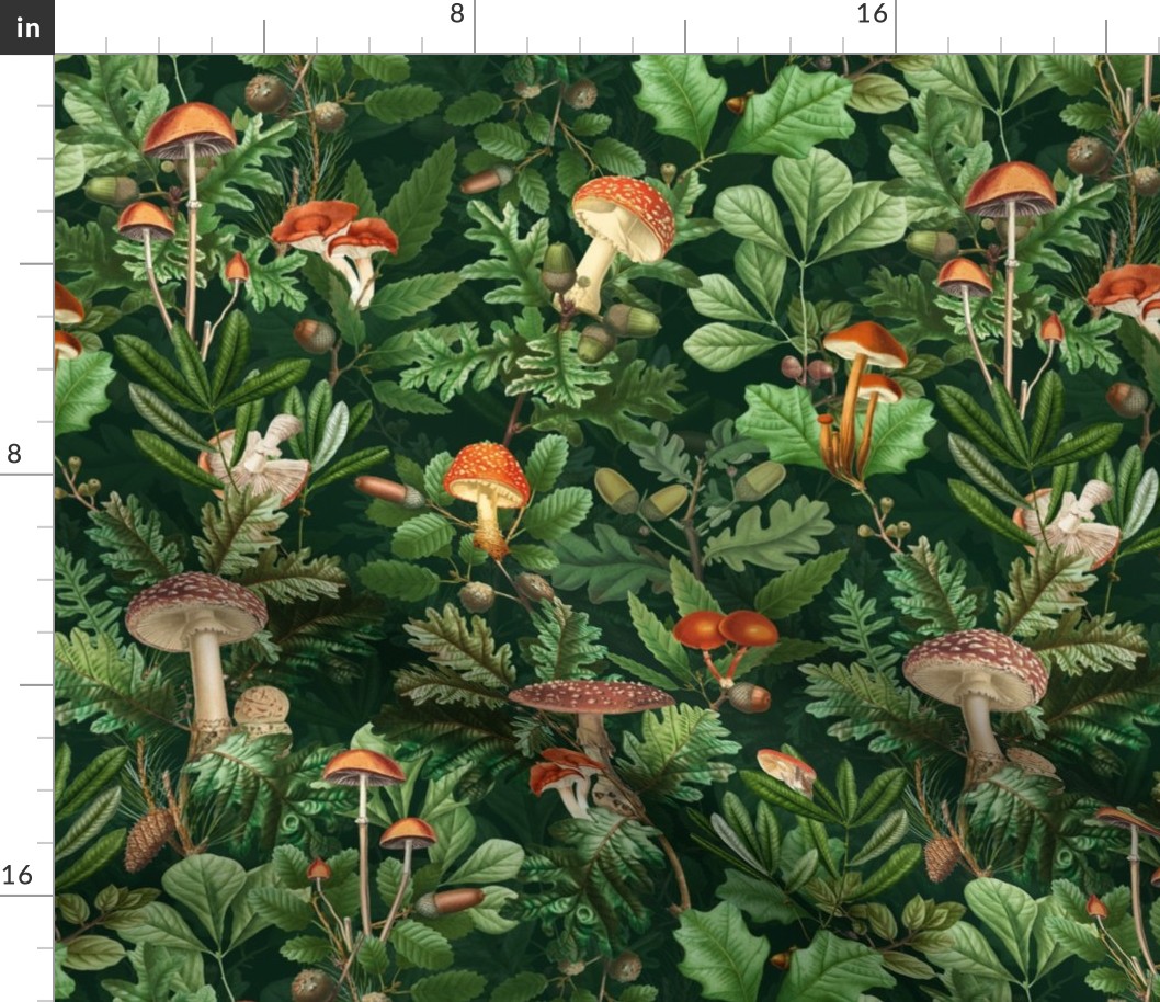 nostalgic toxic mushrooms in the forest on dark moody florals -vintage fall home decor,  antique wallpaper fabric- Psychadelic Mushroom Wallpaper- dark green