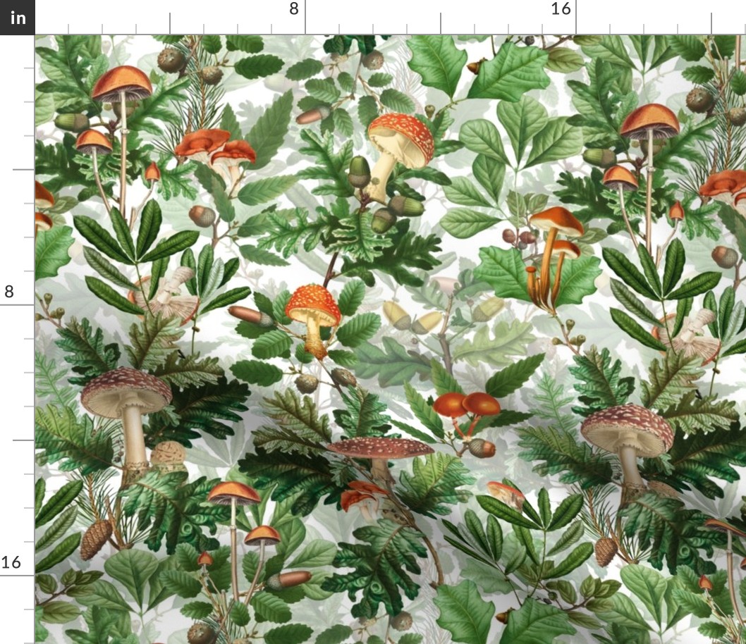 nostalgic toxic mushrooms in the forest on dark moody florals -vintage fall home decor,  antique wallpaper fabric- Psychadelic Mushroom Wallpaper -white