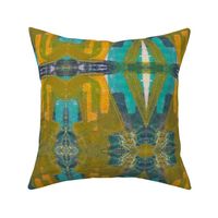 Stitched Olive & Golden Yellow Abstract with Aqua Blue