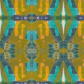 Stitched Olive & Golden Yellow Abstract with Aqua Blue