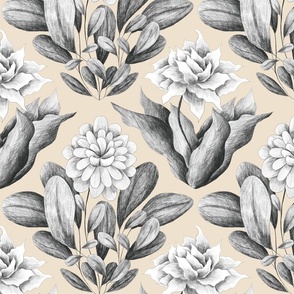 Monochrome Graphite pencil shading of florals and leaves on a cream backdrop