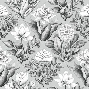 Pencil Drawing of Five Flowers with Grey Background