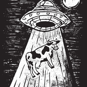 Black and White Cow Abduction Space Alien UFO linocut print 