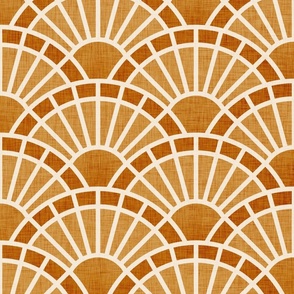 Serene Sunshine- 15 Desert sun- Art Deco Wallpaper- Geometric Minimalist Monochromatic Scalloped Suns- Petal Cotton Solids Coordinate- Large- Copper- Earth Tone- Ocher- Mustard- Neutral
