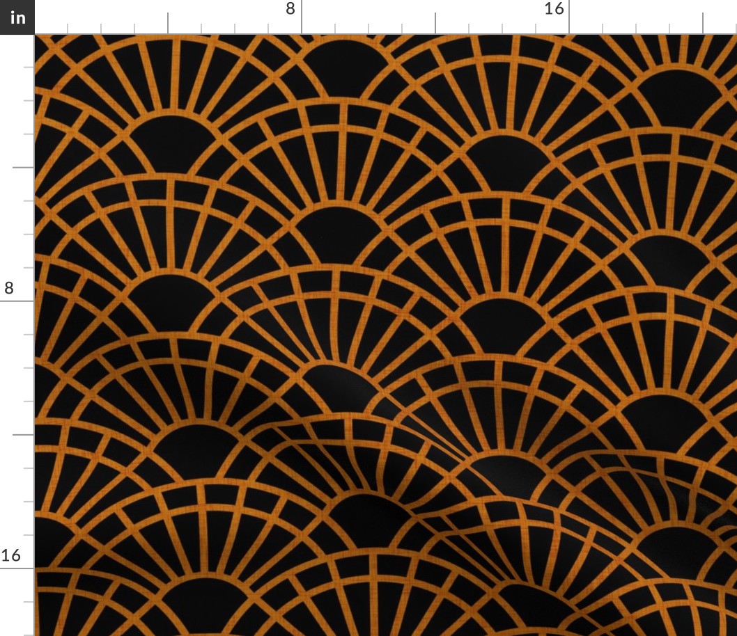 Serene Sunshine- 15 Desert Sun on Black- Art Deco Wallpaper- Geometric Minimalist Monochromatic Scalloped Suns- Petal Cotton Solids Coordinate- Medium- Copper- Earth Tone- Ocher- Mustard- Neutra
