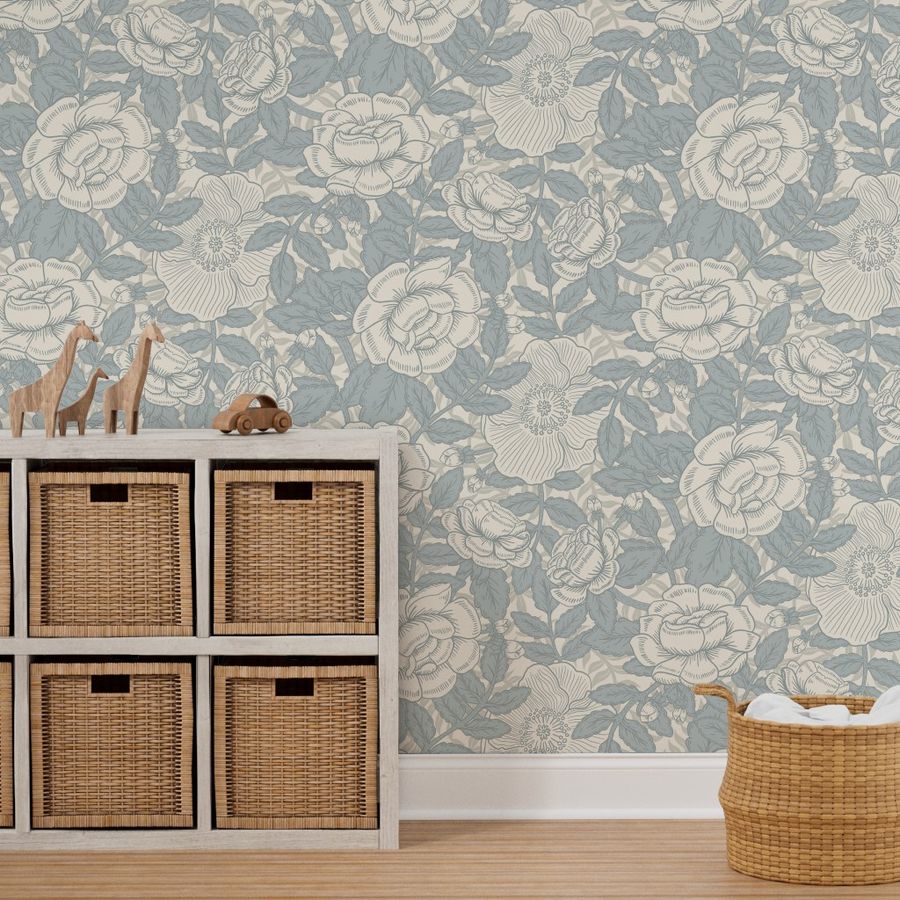 French Country Rose - Dusty Blue Wallpaper | Spoonflower