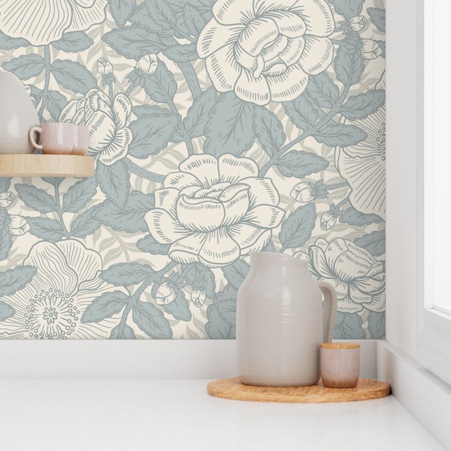 French Country Rose - Dusty Blue Wallpaper | Spoonflower