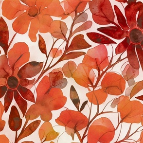 Autumnal Splendor Abstract Watercolor Flower Pattern In Warm Orange And Red  Medium Scale