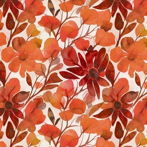 Autumnal Splendor Abstract Watercolor Flower Pattern In Warm Orange And Red Smaller Scale