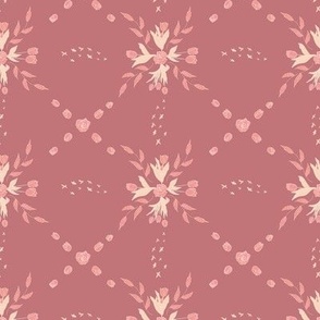 Small scale hand drawn diamond tulips birds on pink for spring summer 