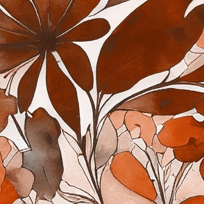 Autumnal Vibes Abstract Watercolor Flower Pattern In Warm Orange And Brown Large Scale