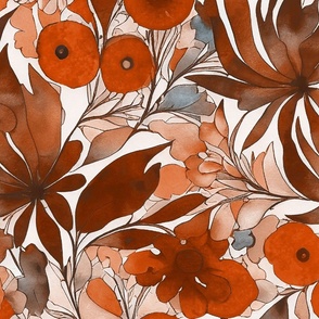 Autumnal Vibes Abstract Watercolor Flower Pattern In Warm Orange And Brown Medium Scale