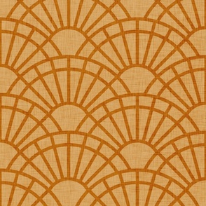 Serene Sunshine- 15 Desert Sun on Gold- Art Deco Wallpaper- Geometric Minimalist Monochromatic Scalloped Suns- Petal Cotton Solids Coordinate- Large- Copper- Earth Tone- Ocher- Mustard- Neutral